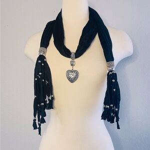 Scarf Women’s Fabric Necklace Shawl Black w/Silver Pendant Tassels